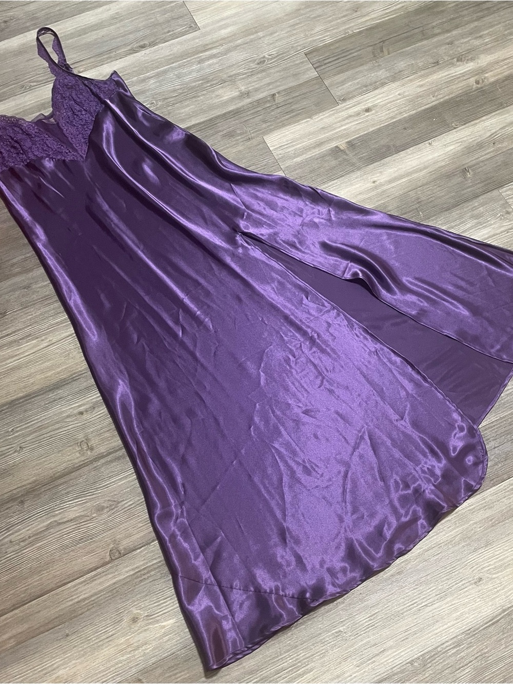 Vintage 90s VICTORIAS SECRET Gold Label L Purple Satin Lace Long Slip Dress Slit